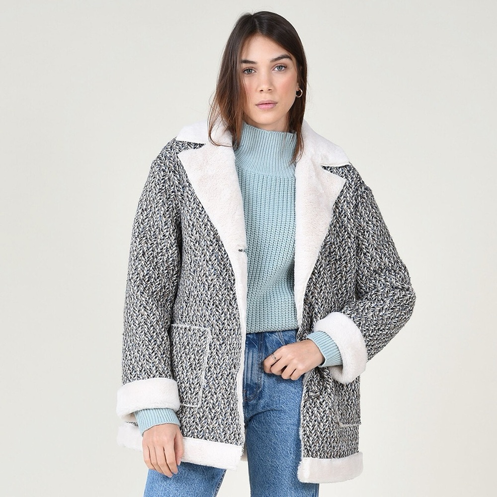 Molly Bracken Faux Fur Shearling Lined Tweed Jacket Blazer Size Medium Cozy Chic